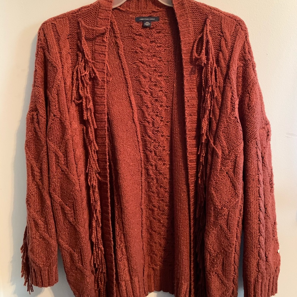 AEO dark orange fringe cardigan